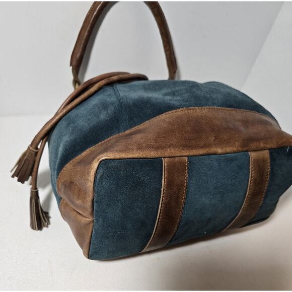 Anabaglish Suede/Leather Drawstring Hobo Shoulder Bag Purse Teal with Brown Trim - Picture 7 of 15